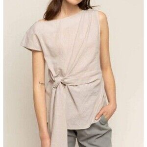 Zara T-shirt Blouse S Asymmetrical Tie Front Belted Tan Beige Linen Minimalist